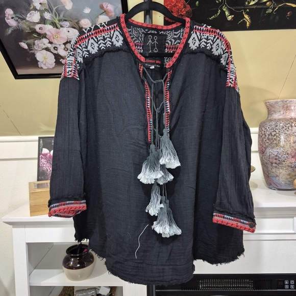 Johnny Was Black Blouse with Red and Gray Accents - Picture 2 of 10